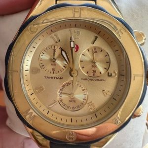 Michele navy and gold watch